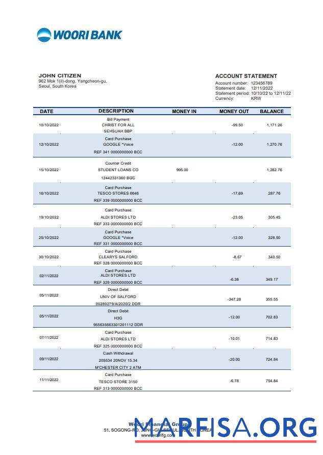 Printable South Korea Woori bank statement word sample